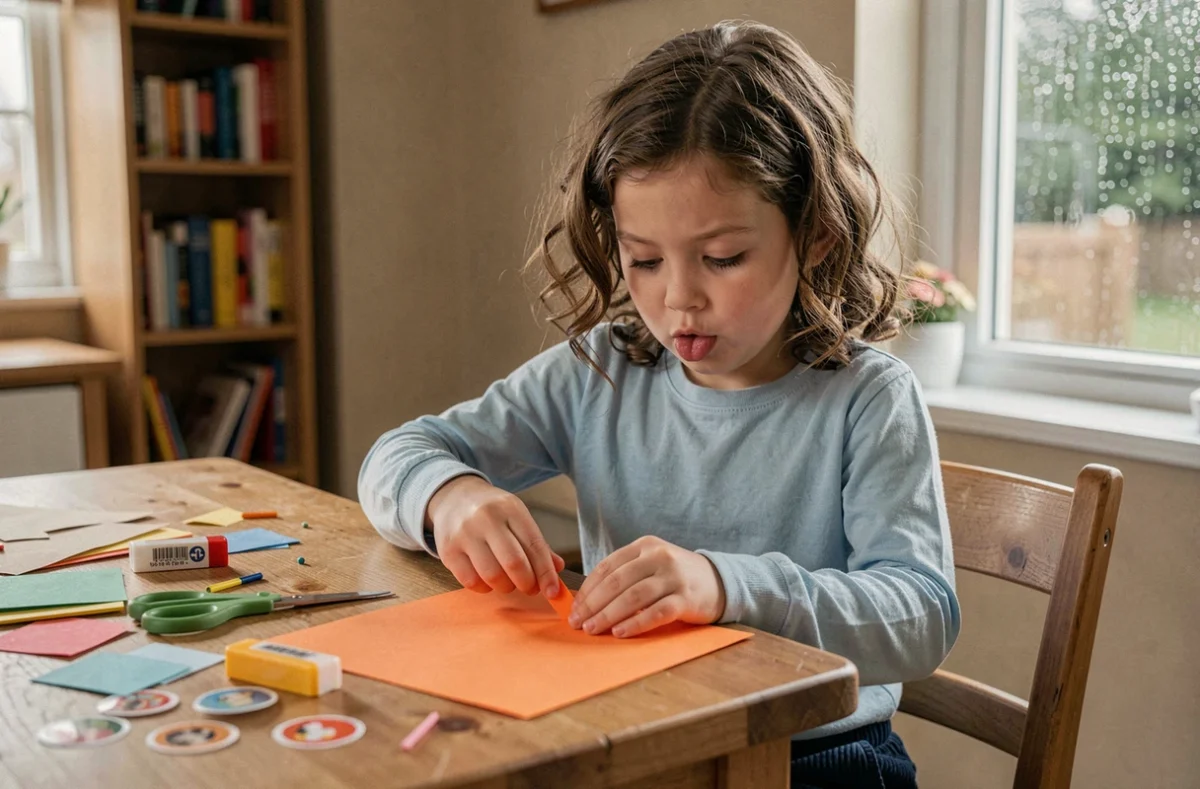 Fillette de 7 ans faisant une activité manuelle avec des ciseaux et du papier coloré à la table de cuisine un jour de pluie