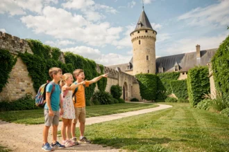 Famille avec enfants explorant un site patrimonial médiéval en Indre-et-Loire par une belle journée ensoleillée