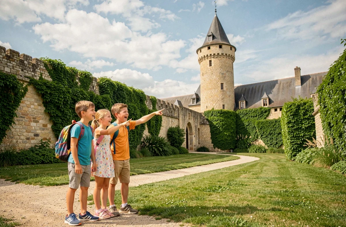 Famille avec enfants explorant un site patrimonial médiéval en Indre-et-Loire par une belle journée ensoleillée