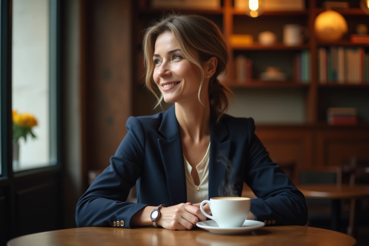 Actrice française élégante attablée dans un café parisien, illustrant l'équilibre entre vie amoureuse et carrière artistique