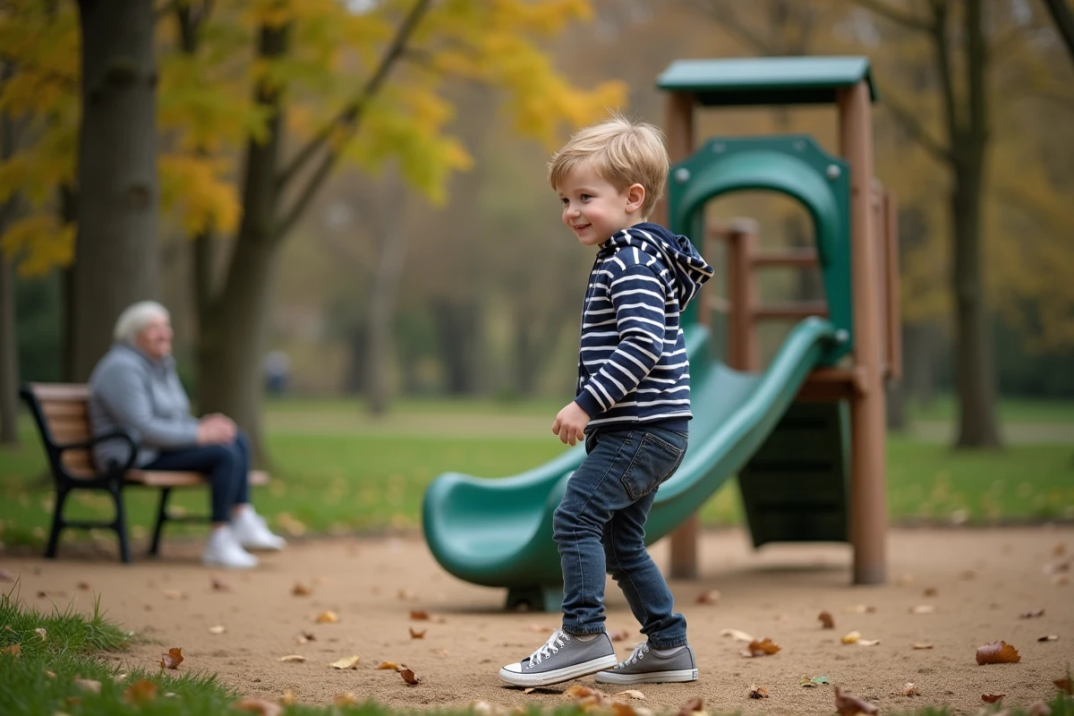 Aksel joue dans un parc avec toboggan et feuilles d