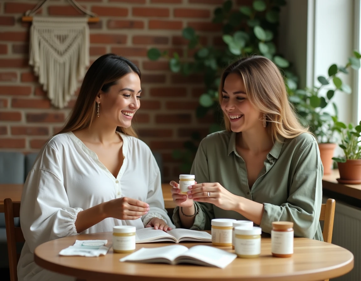 Deux amies dont une femme enceinte comparant des échantillons gratuits de produits bébé autour d'une table en bois dans un décor chaleureux