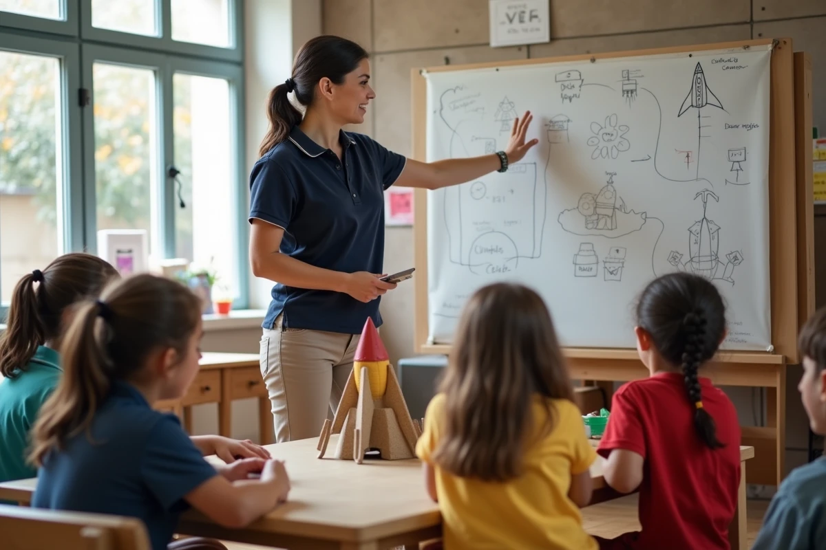 Animatrice présentant un projet de fusée en carton à des enfants dans un atelier science de centre de loisirs