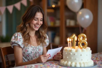 Jeune femme de 18 ans lisant un message d'anniversaire personnalisé avec émotion lors d'une fête d'anniversaire décorée à la maison