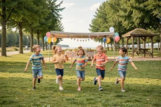 Groupe d'enfants qui courent dans un parc lors d'un anniversaire en plein air à La Panne