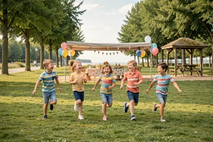 Groupe d'enfants qui courent dans un parc lors d'un anniversaire en plein air à La Panne