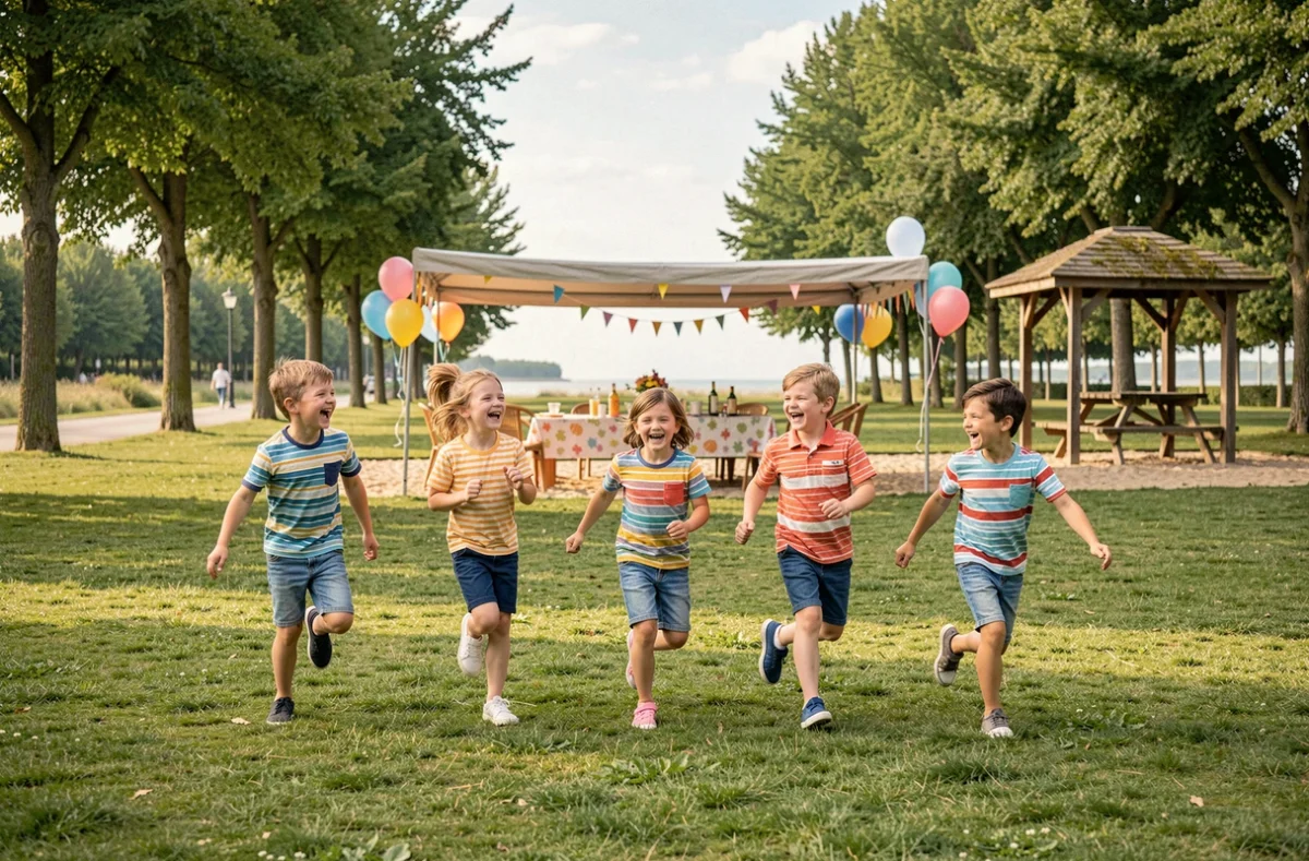 Groupe d'enfants qui courent dans un parc lors d'un anniversaire en plein air à La Panne