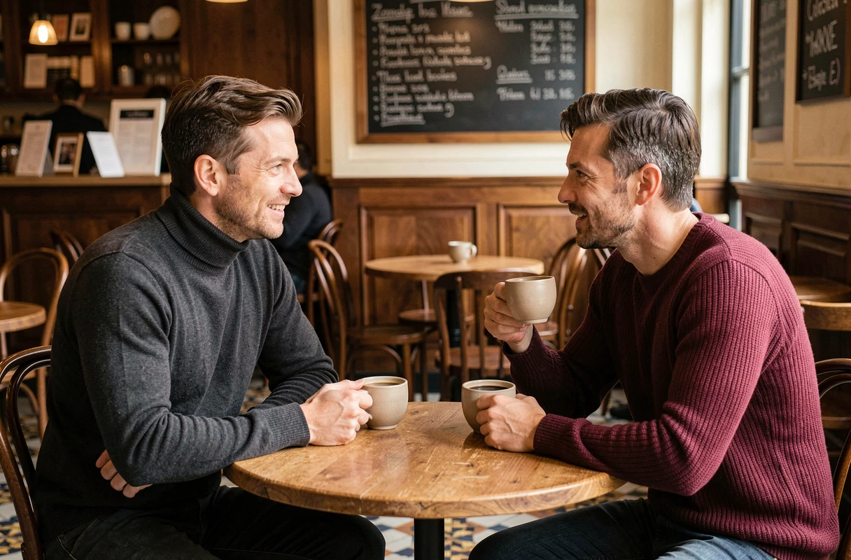 Deux hommes attablés dans un café parisien traditionnel, tenant des tasses de café et discutant avec animation dans une atmosphère chaleureuse