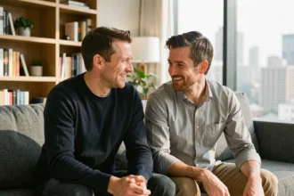 Deux hommes assis côte à côte sur un canapé moderne dans un appartement contemporain, en conversation détendue et souriante