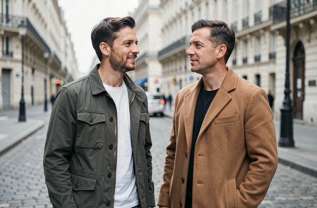 Deux hommes debout dans une rue parisienne pavée, portant des vestes automnales, avec des immeubles haussmanniens flous en arrière-plan