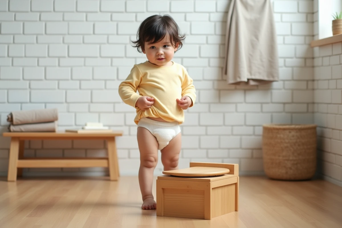 Tout-petit en bas de coton debout devant un petit pot Montessori en bois dans une salle de bain minimaliste en bambou