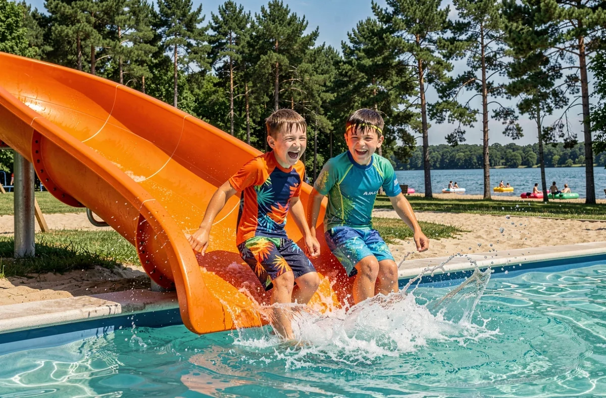 Enfants dévalant un toboggan aquatique à l'Aquapark du Lac d'Hommes en Indre-et-Loire