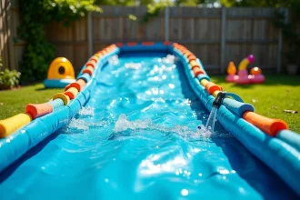 Bâche pour ventriglisse transformée en glissade d'eau géante dans un jardin familial avec tuyau d'arrosage et jouets gonflables colorés