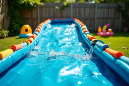 Bâche pour ventriglisse transformée en glissade d'eau géante dans un jardin familial avec tuyau d'arrosage et jouets gonflables colorés