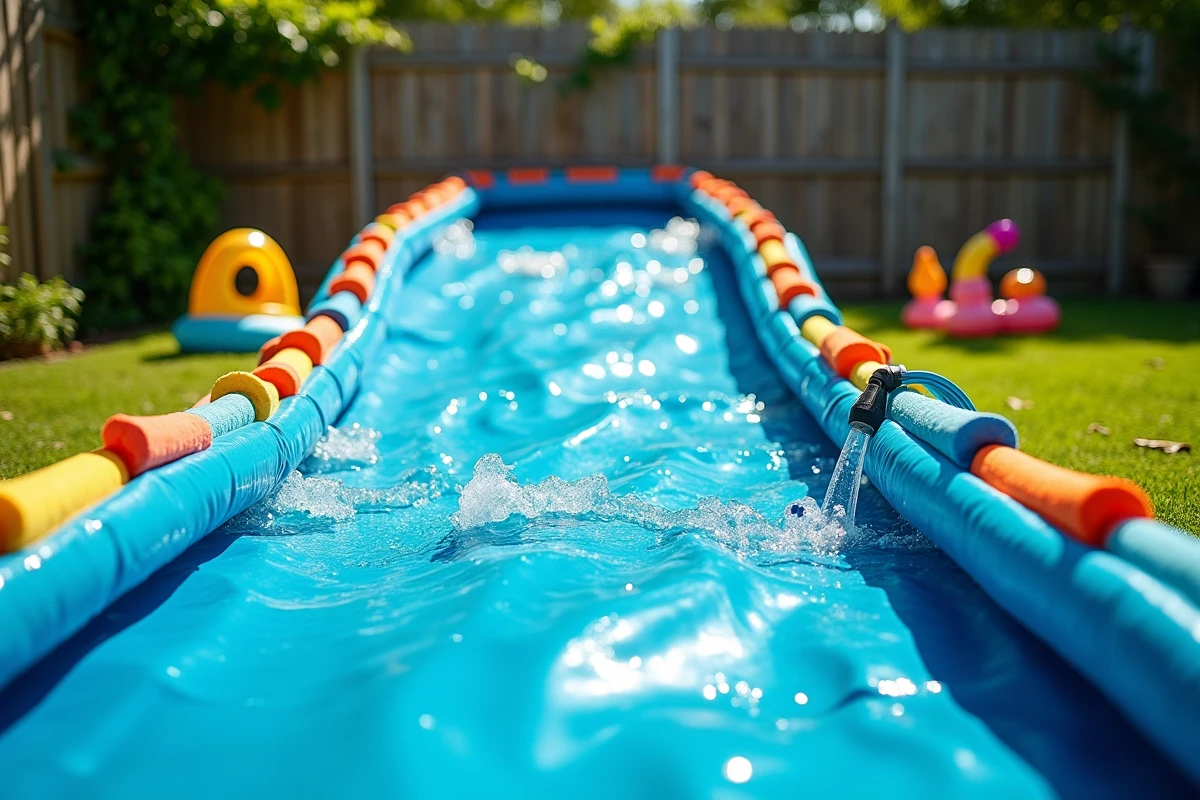 Bâche pour ventriglisse transformée en glissade d'eau géante dans un jardin familial avec tuyau d'arrosage et jouets gonflables colorés