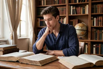 Jeune homme prénommé Baptiste assis dans une bibliothèque parisienne consultant des livres anciens sur l'origine et l'histoire des prénoms
