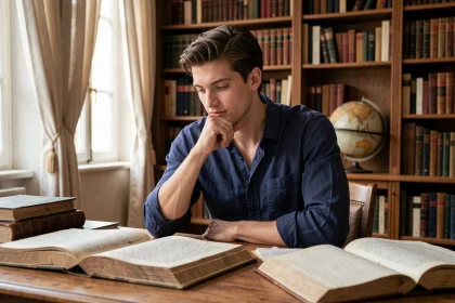 Jeune homme prénommé Baptiste assis dans une bibliothèque parisienne consultant des livres anciens sur l'origine et l'histoire des prénoms