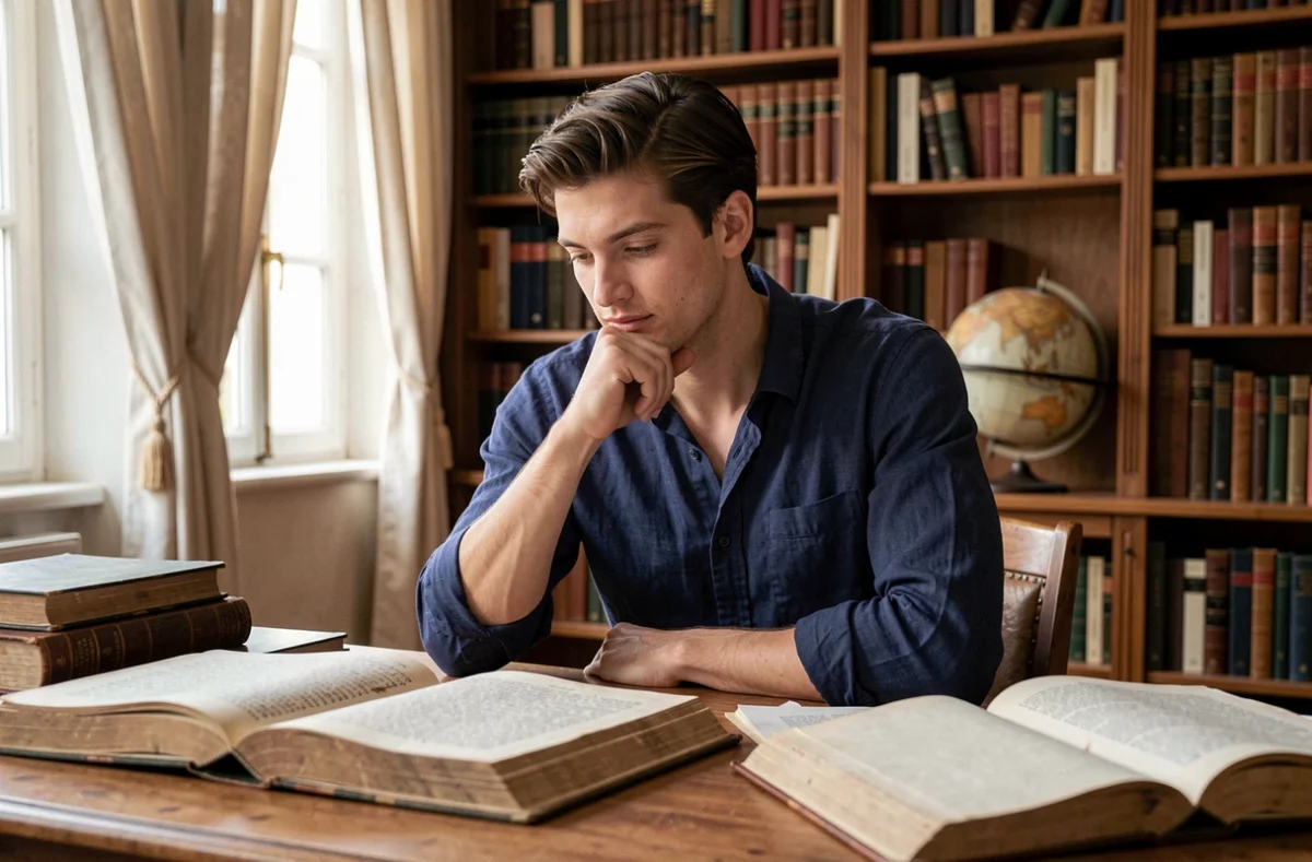 Jeune homme prénommé Baptiste assis dans une bibliothèque parisienne consultant des livres anciens sur l'origine et l'histoire des prénoms