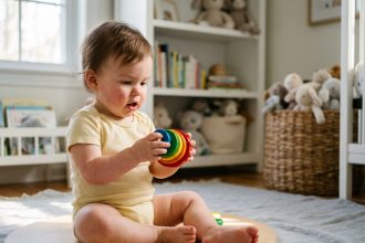 Bébé de 1 an assis sur un tapis en bois jouant avec des anneaux empilables colorés dans une chambre cosy