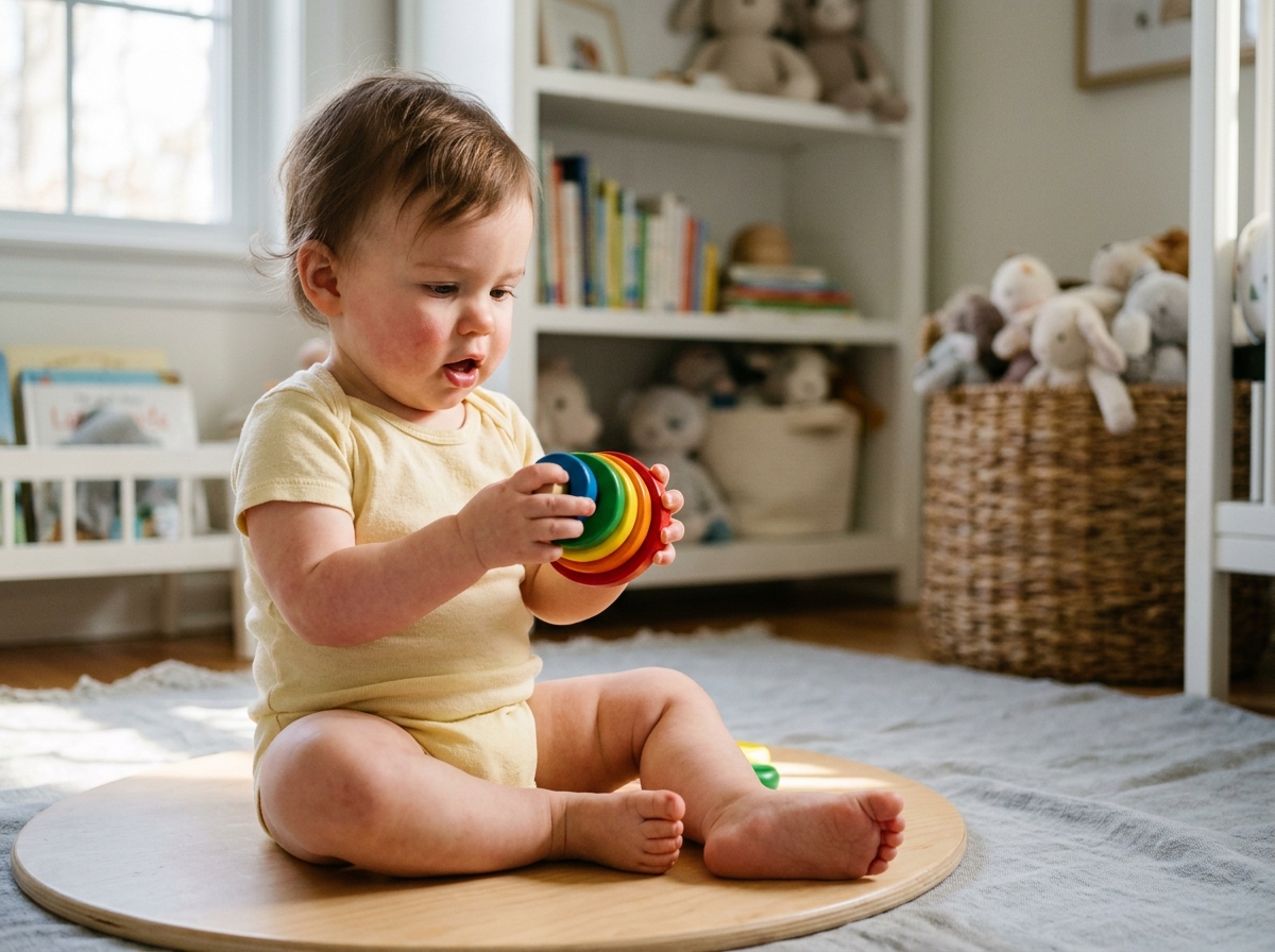 Bébé de 1 an assis sur un tapis en bois jouant avec des anneaux empilables colorés dans une chambre cosy