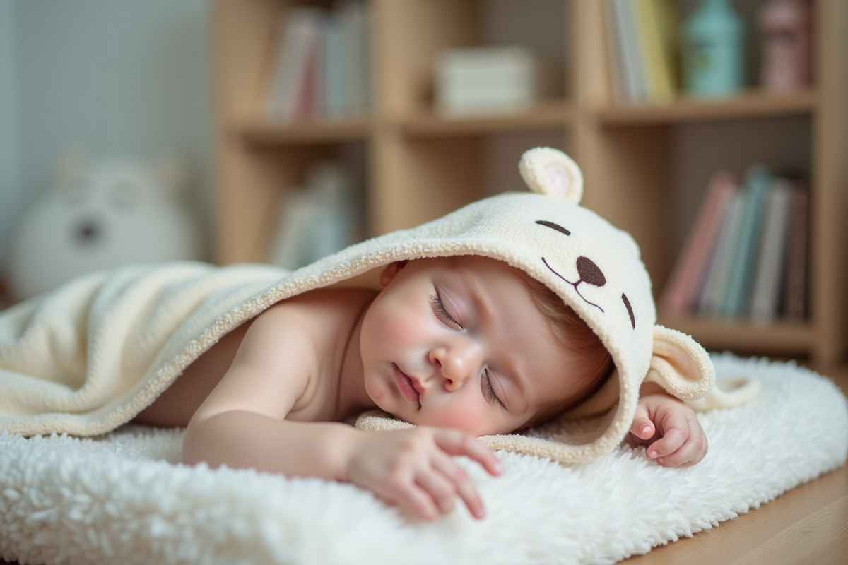 Bébé endormi dans une serviette animal après bain