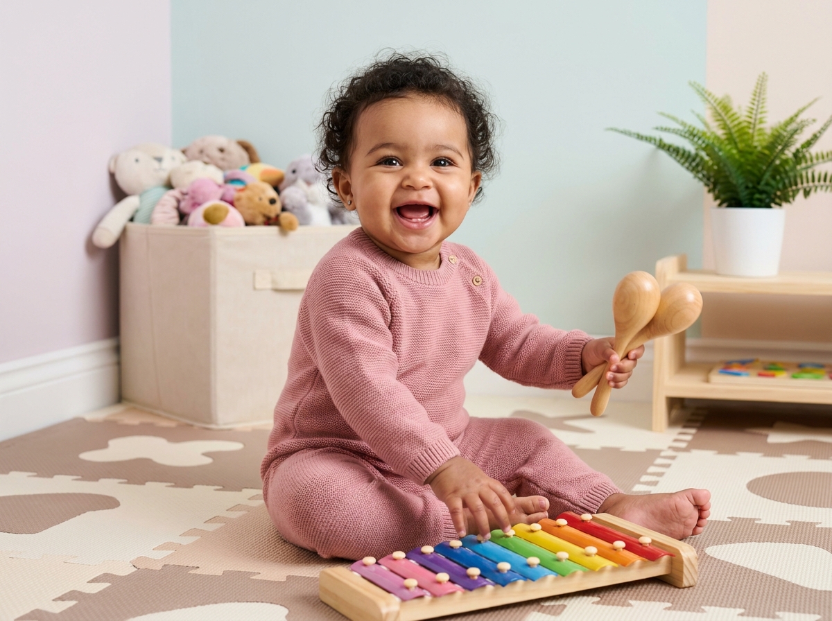 Bébé fille de 1 an en barboteuse rose jouant avec un xylophone en bois et des maracas sur un tapis de jeu coloré