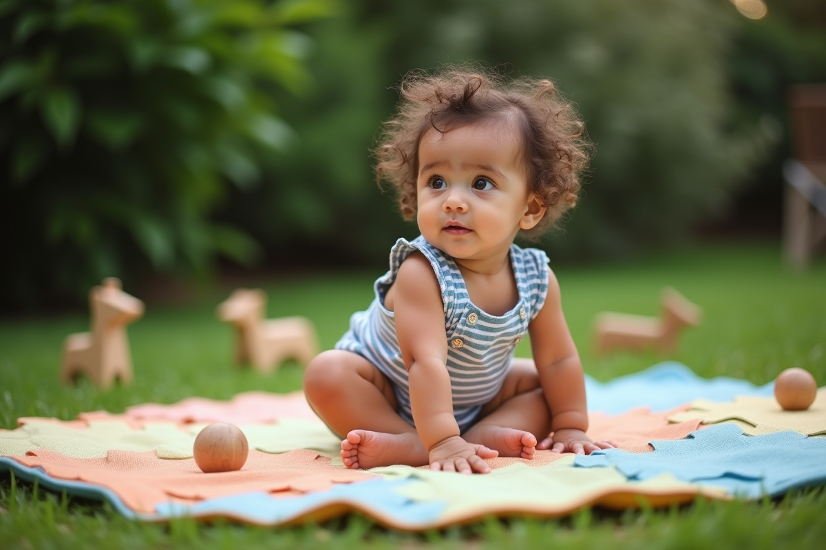 Bébé fille de 6 mois en robe rayée sur tapis extérieur