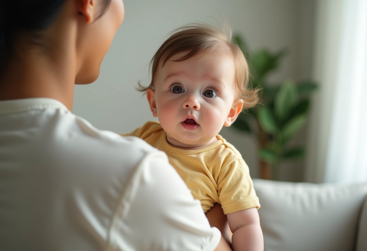 Bébé fille dans les bras de son parent dans un salon