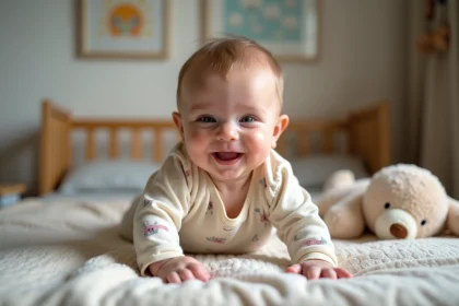 Bébé garçon souriant dans un berceau douillet
