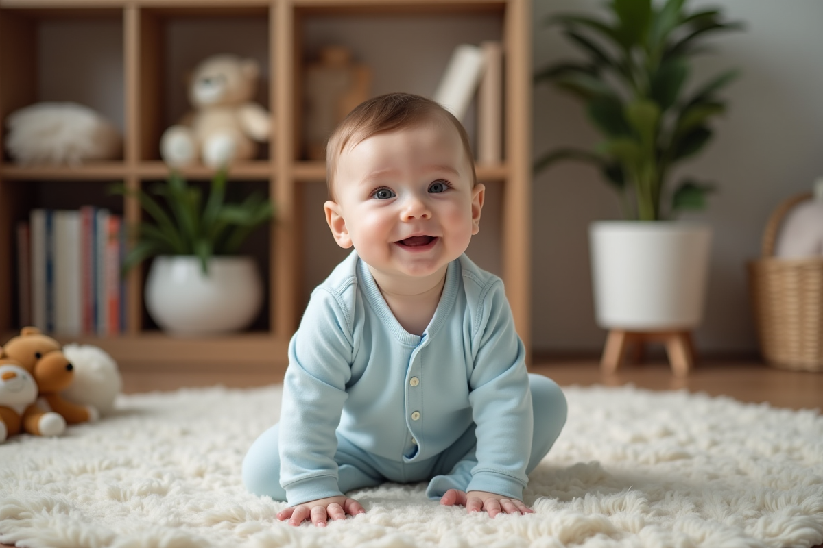 Bébé garçon de 7 mois en body bleu clair assis seul dans le salon
