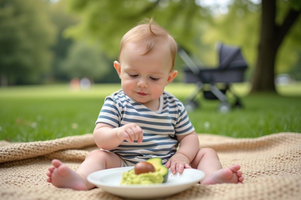 Bebe garcon explorant de l avocat en plein air