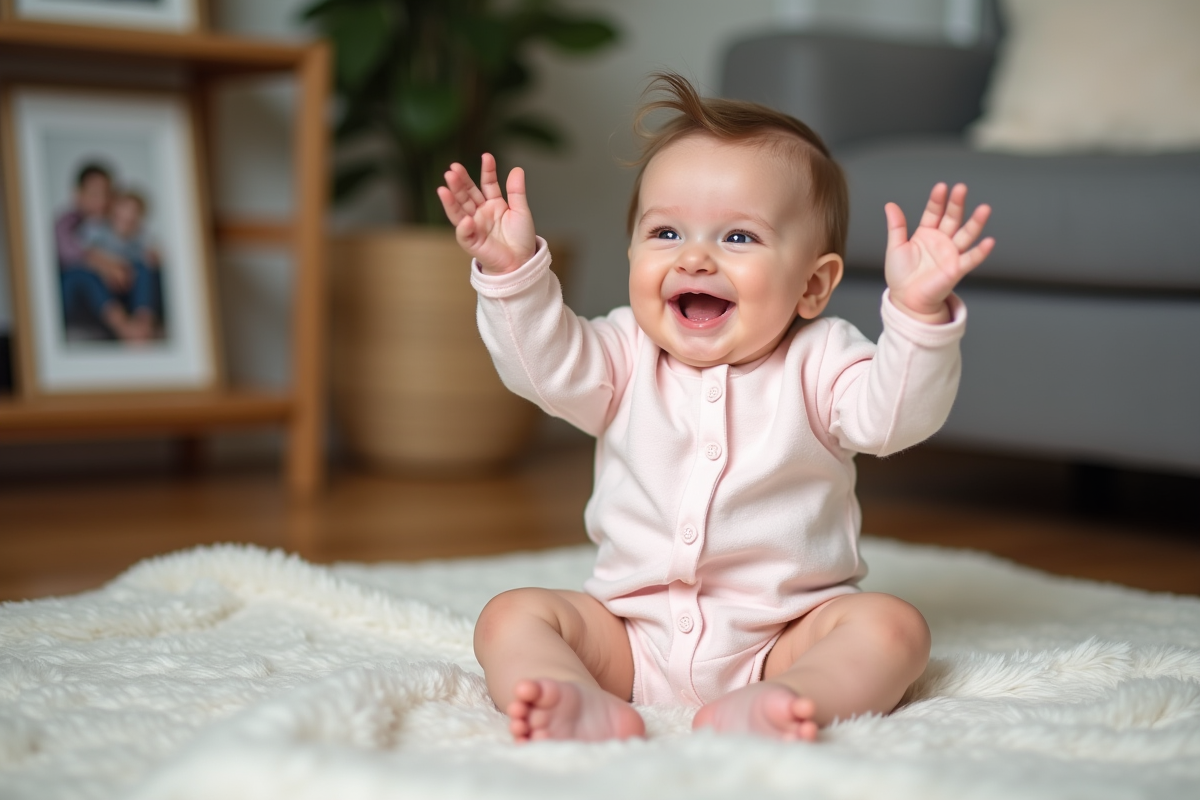 Bébé fille de 7 mois souriant dans une pièce chaleureuse
