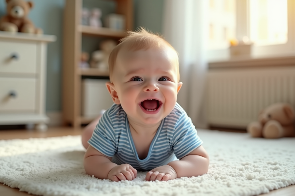 Bébé garçon de 8 mois riant dans un lit doudou lumineux