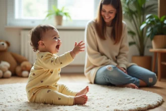 Bebe fille souriante en pyjama jaune dans un salon chaleureux