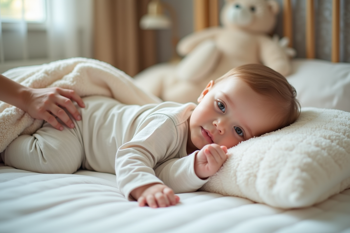 Enfant de 18 mois dans un lit bébé avec oreiller et couverture