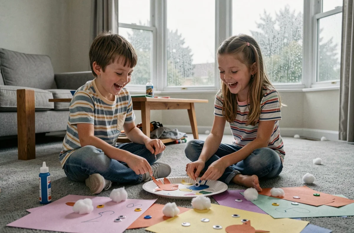 Deux enfants réalisant un bricolage avec des assiettes en carton et de la colle dans le salon pendant un après-midi pluvieux