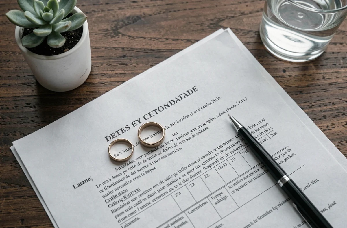 Vue aérienne d'un bureau notarial avec deux alliances et un document officiel de divorce ou de dissolution de Pacs