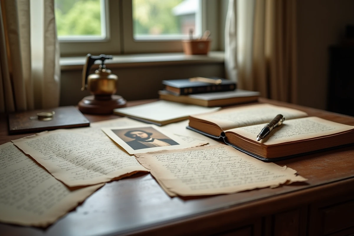 Bureau ancien avec documents familiaux, lettres manuscrites et portrait photographique sépia représentant une recherche biographique sur les origines