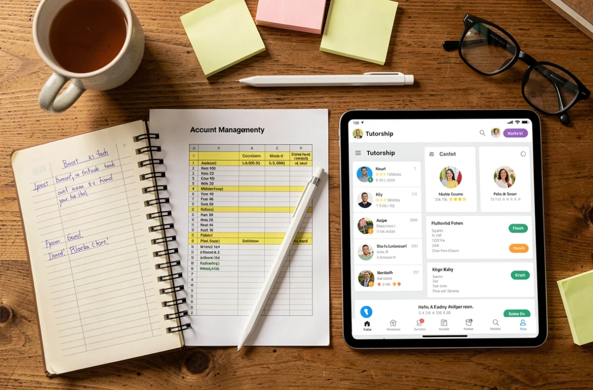 Vue à plat d'un bureau avec tablette numérique, feuilles Excel imprimées et carnet pour la gestion de comptes de tutelle