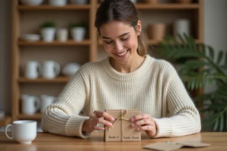 Jeune femme préparant un cadeau personnalisé pour annoncer une grossesse aux futurs grands-parents, avec une carte manuscrite posée sur une table en bois