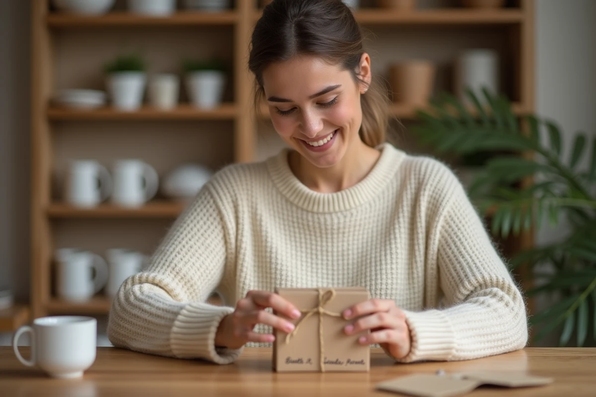 Jeune femme préparant un cadeau personnalisé pour annoncer une grossesse aux futurs grands-parents, avec une carte manuscrite posée sur une table en bois