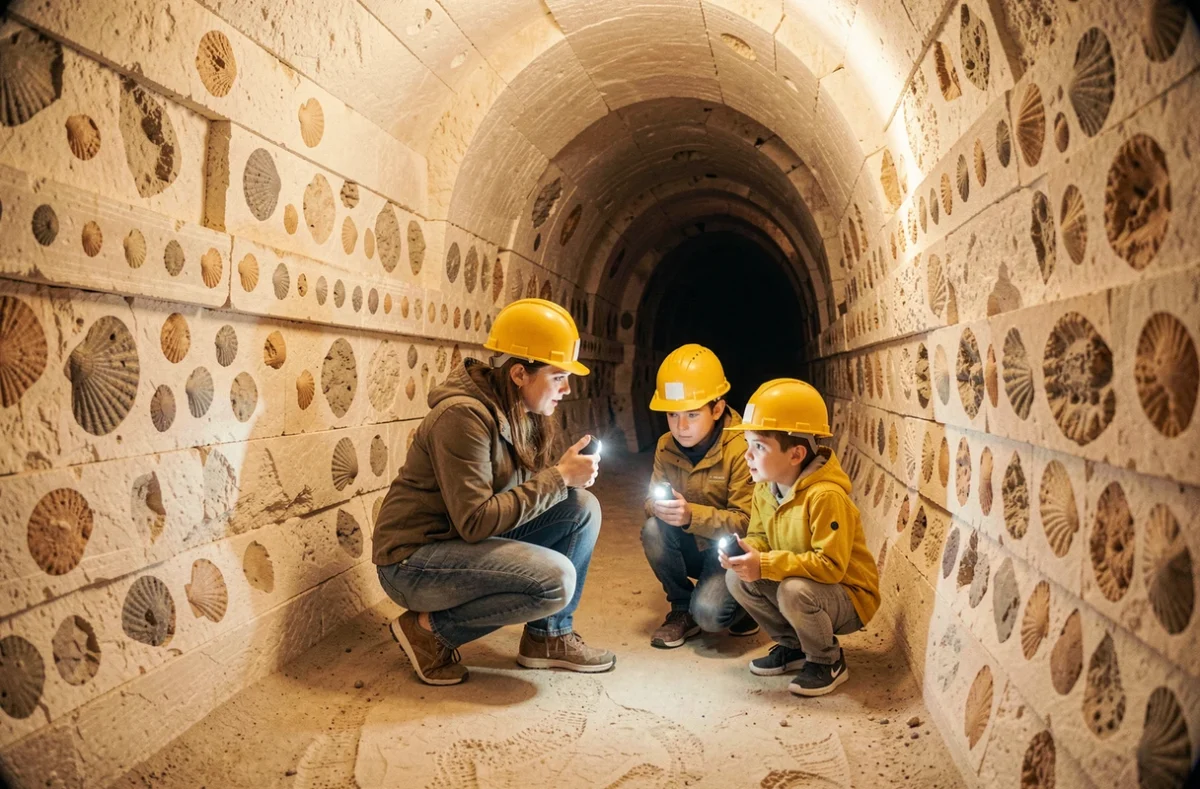 Mère et enfants explorant une galerie souterraine de falun fossilifère à Channay-sur-Lathan en Touraine