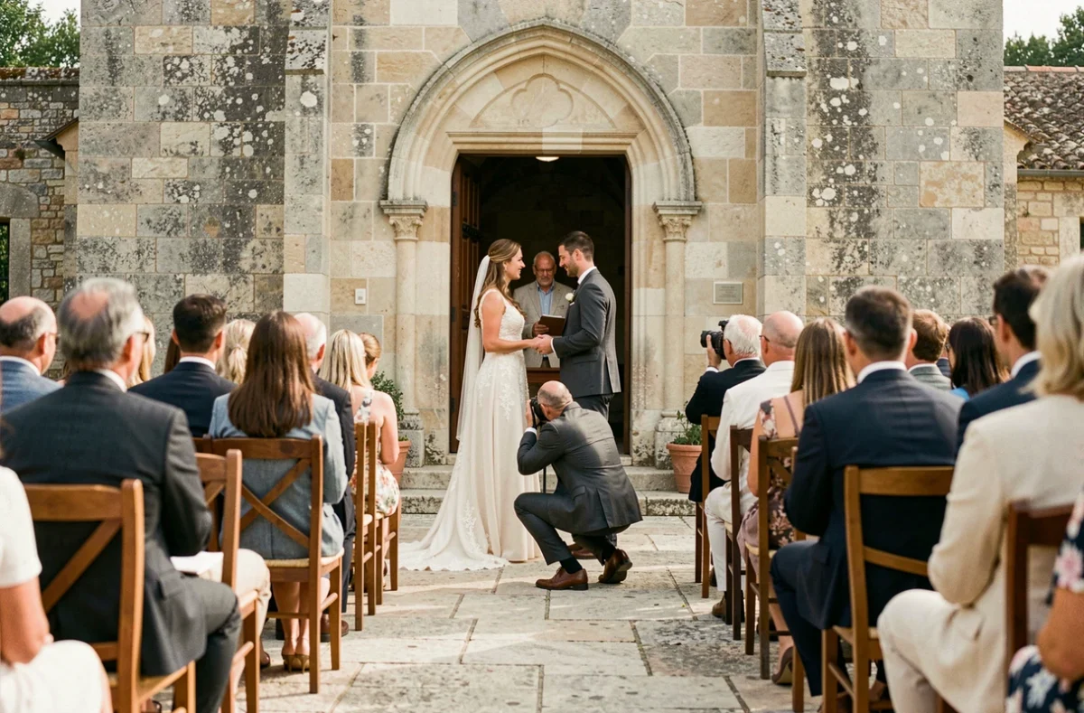 Cérémonie de mariage photographiée devant une chapelle en pierre près de Béziers, moment authentique et intime