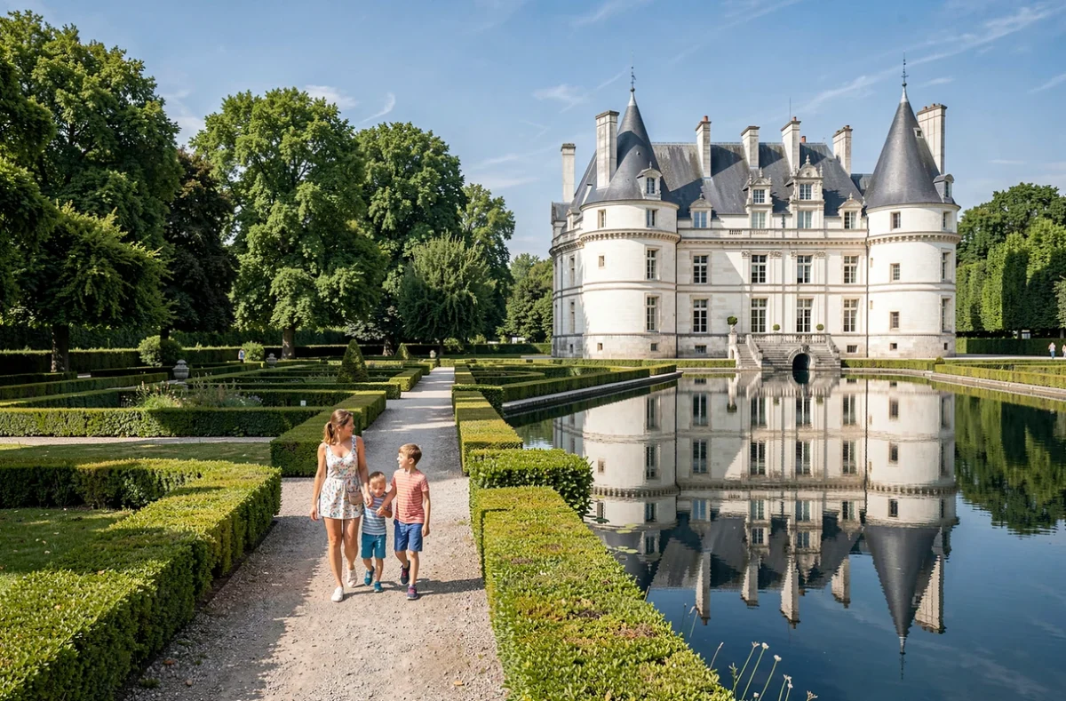 Famille se promenant dans les jardins du Château d'Azay-le-Rideau avec reflet de l'architecture Renaissance