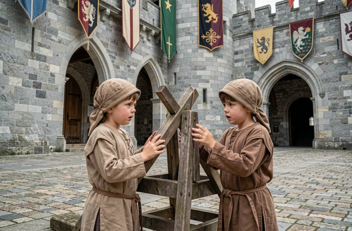 Enfants déguisés en personnages médiévaux découvrant une reconstitution historique au Château de Langeais