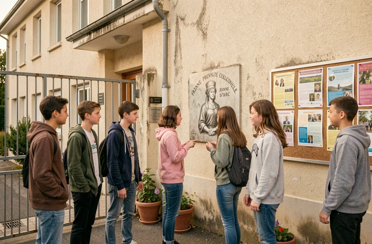Entrée du collège privé Jeanne d'Arc à Franconville avec des élèves passant devant un détail architectural