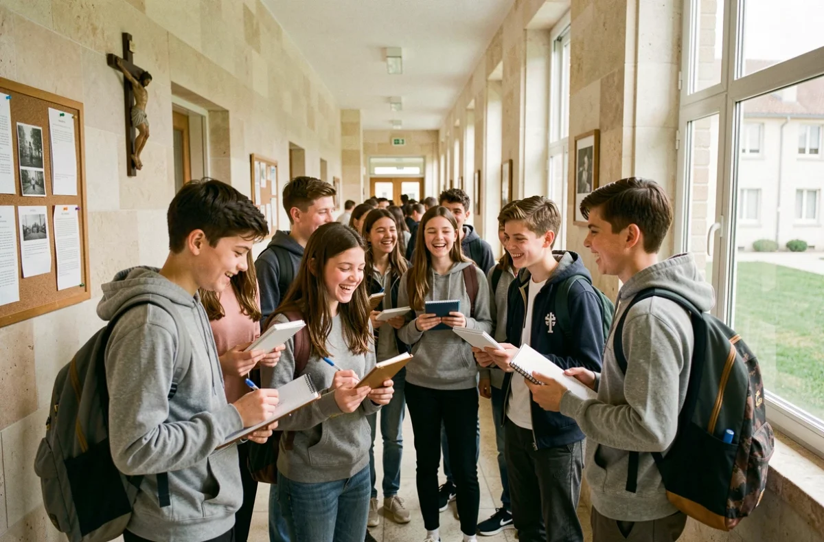 Élèves du collège privé La Salle - Saint Rosaire à Sarcelles dans un couloir de l'établissement