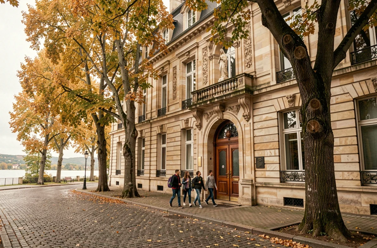Façade du collège privé Notre-Dame à Enghien-les-Bains avec son entrée en pierre et des élèves