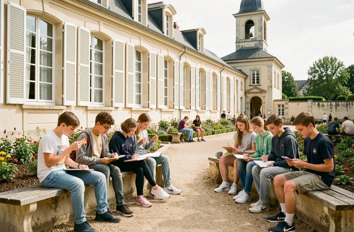 Cour de récréation du collège privé Notre Dame - Sainte Famille à Sannois avec des élèves en pause