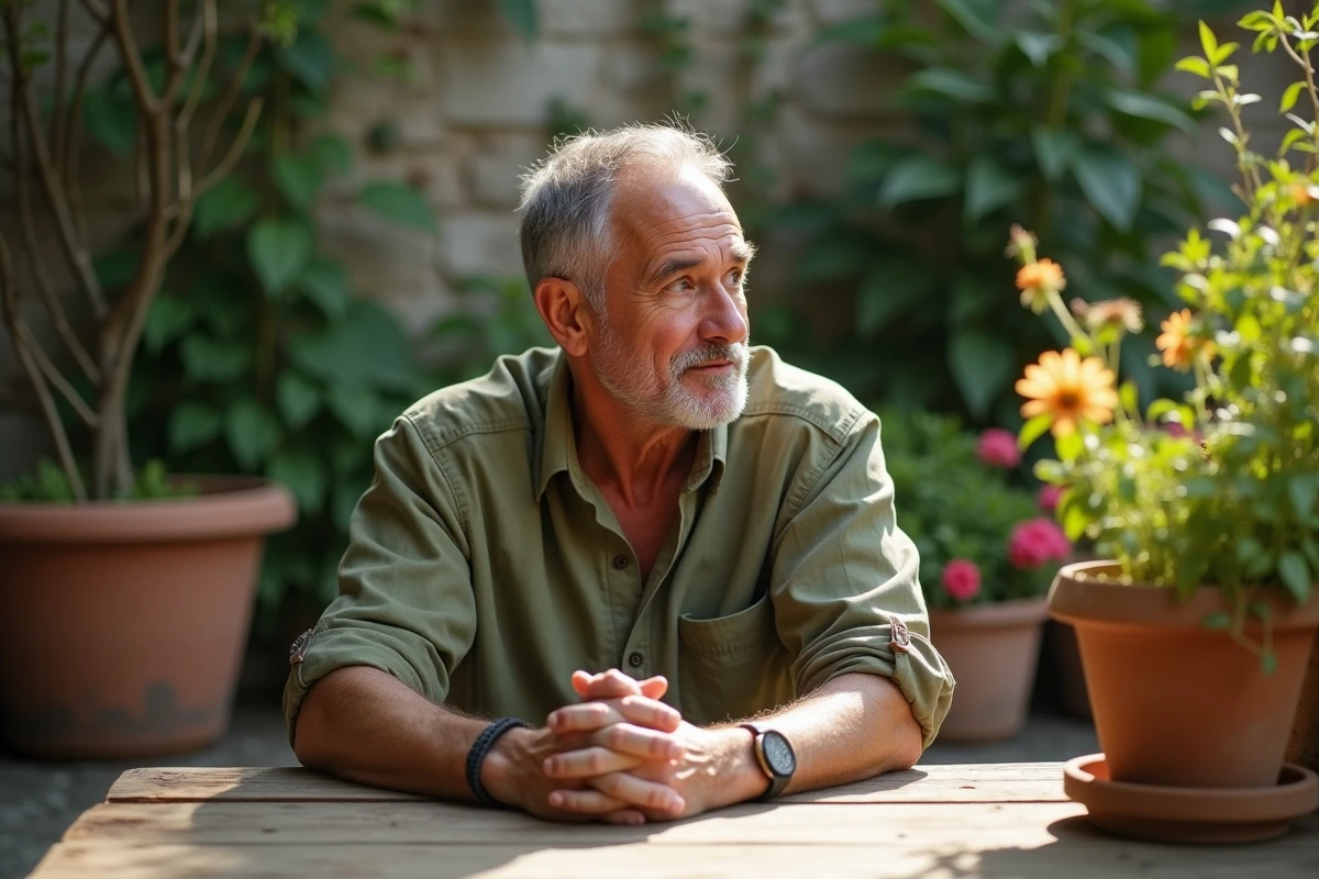 Homme mature assis dans un jardin fleuri, expression sereine et regard discret, ambiance intimiste et naturelle